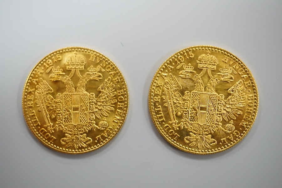 Austro-Hungarian gold coins, two gold 1 ducat coins, 1915 restrike, UNC